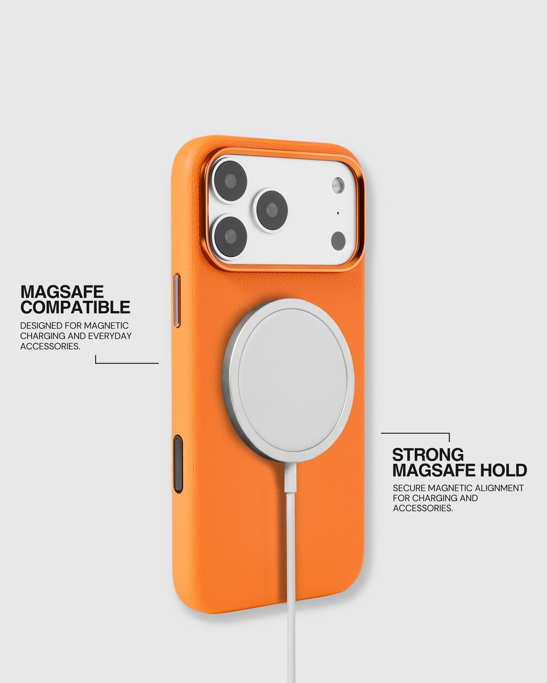 Orange leather case holding a MagSafe charger with strong built-in magnetic alignment