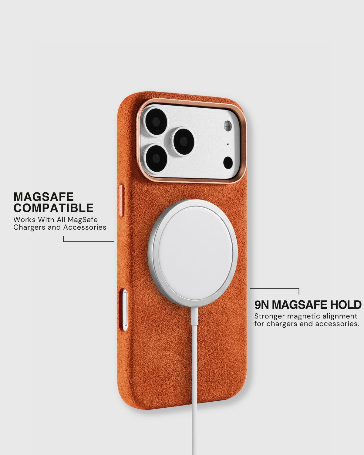MagSafe charger attached to STICKYZOO Ember Alcantara case with strong neodymium magnetic hold