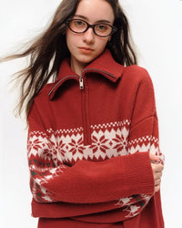 Close-up of metal zipper and mock neck collar on red jacquard knit holiday sweater