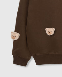 Close-up of plush bear faces near lower hem and cuff on dark brown cotton