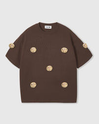 STICKYZOO Choco Chip Cookie T-Shirt in brown colorway with seven hand-stitched plush cookies