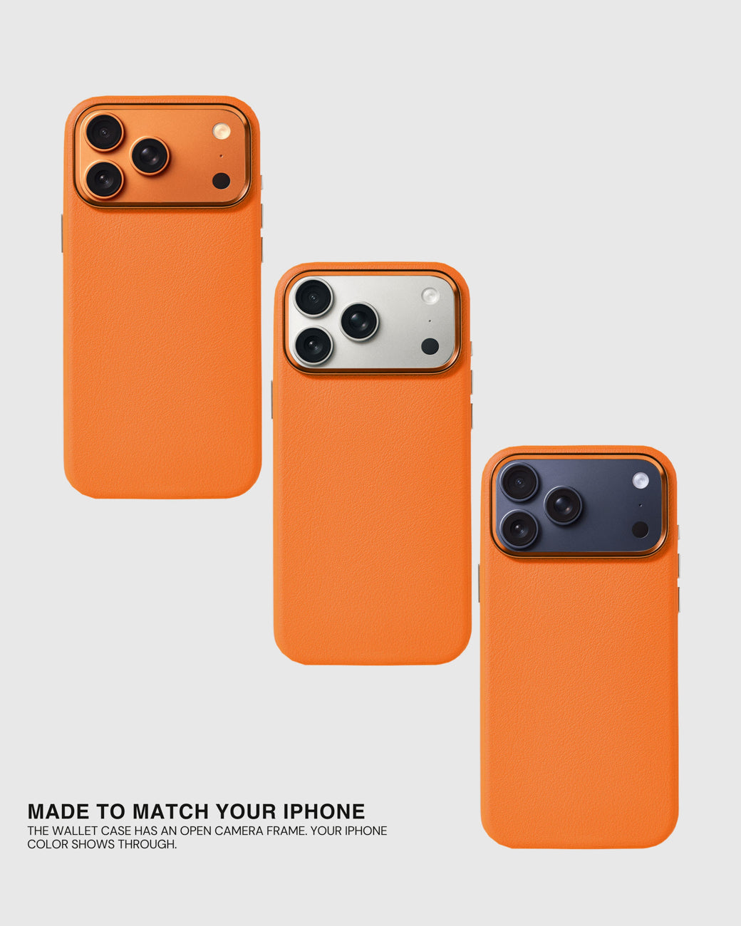 Open metal camera frame letting the iPhone colour show through on the orange fine-grain leather case