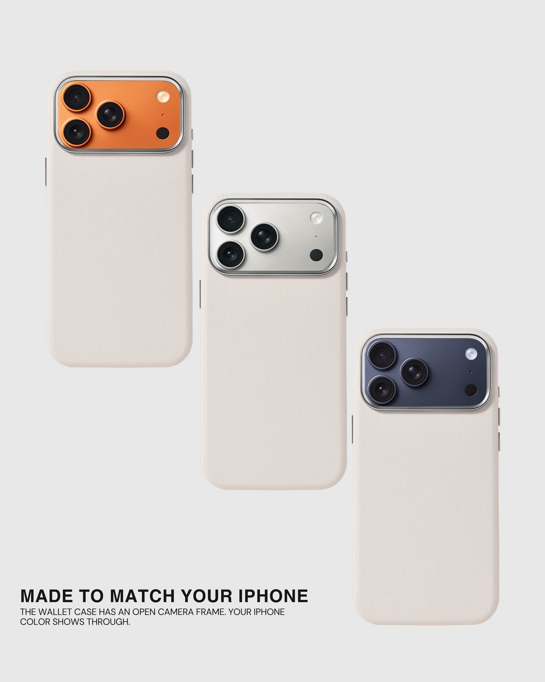 Open metal camera frame letting the iPhone colour show through on the white fine-grain leather case