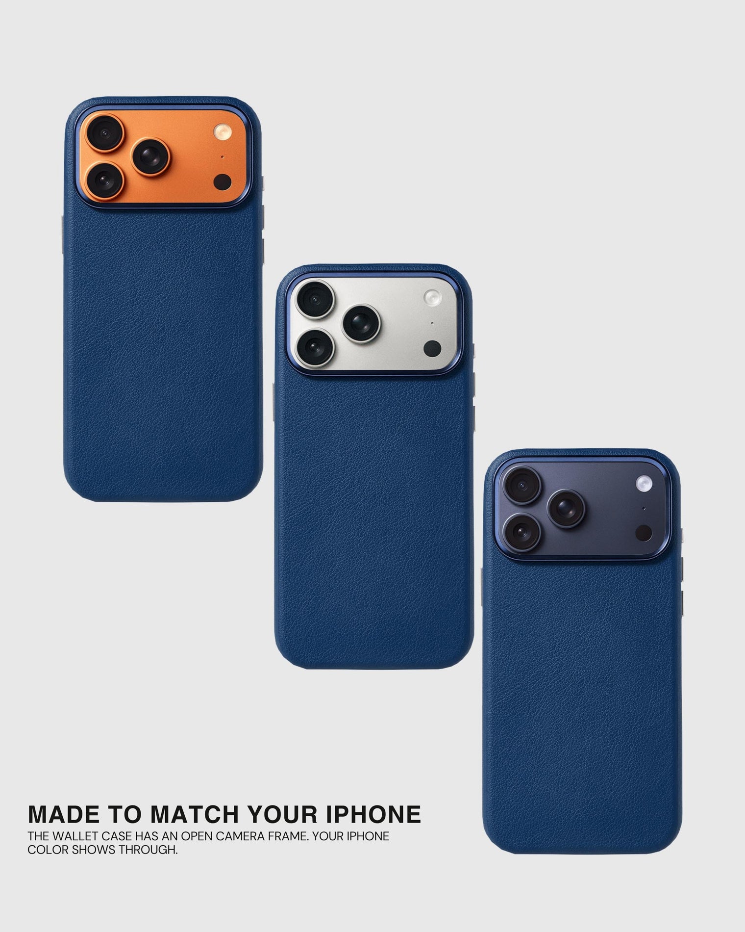 Open metal camera frame letting the iPhone colour show through on the navy fine-grain leather case