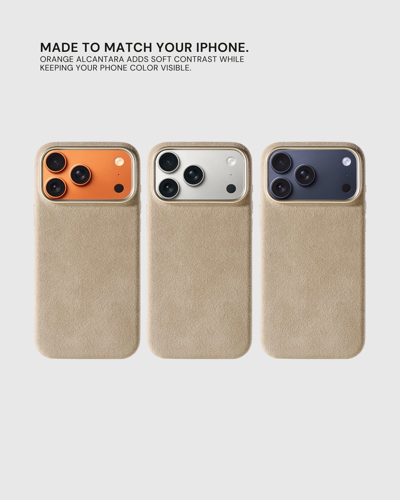 Three iPhones in orange, white, and navy wearing the sand Alcantara case by STICKYZOO
