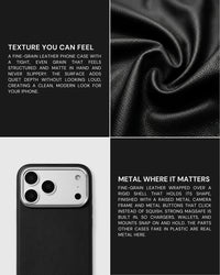 Close-up of the fine-grain leather and real metal hardware on the black STICKYZOO iPhone case