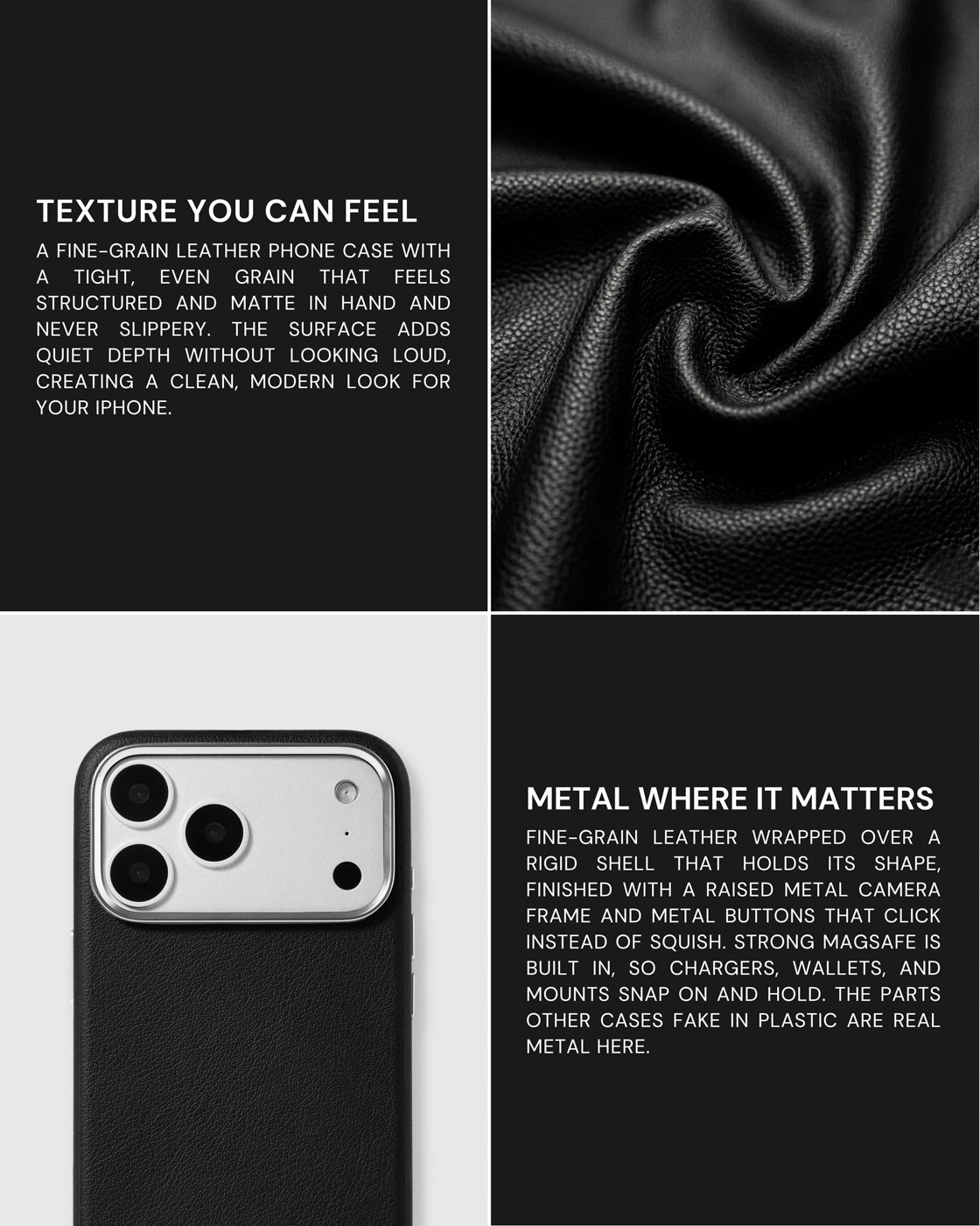 Close-up of the fine-grain leather and real metal hardware on the black STICKYZOO iPhone case