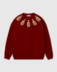 STICKYZOO Gingerbread Joy Sweatshirt in red with five hand-stitched 3D plush gingerbread men across chest
