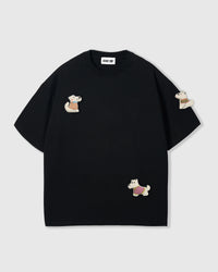 STICKYZOO Softie Scottie T-Shirt in black with three hand-stitched plush scottie dogs in gingham vests