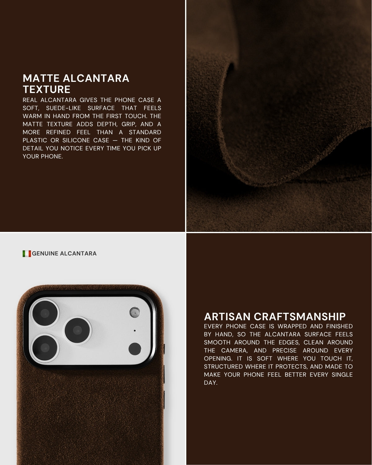 {{Hand-wrapped suede texture}} Matte Alcantara texture close-up and artisan craftsmanship detail on STICKYZOO Espresso phone case