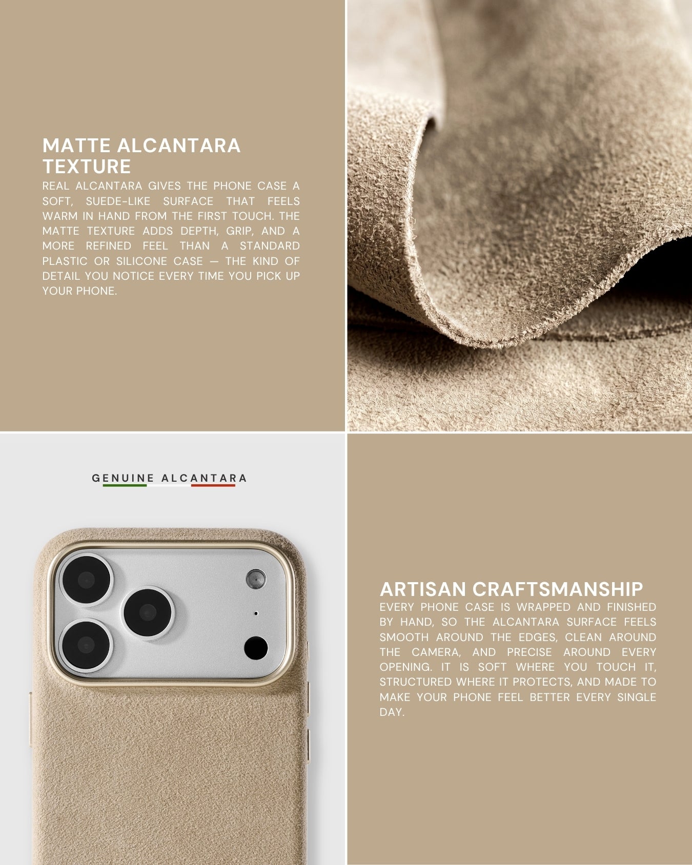 Four-panel editorial showing Alcantara fabric texture and artisan craftsmanship detail