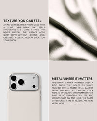 Close-up of the fine-grain leather and real metal hardware on the white STICKYZOO iPhone case