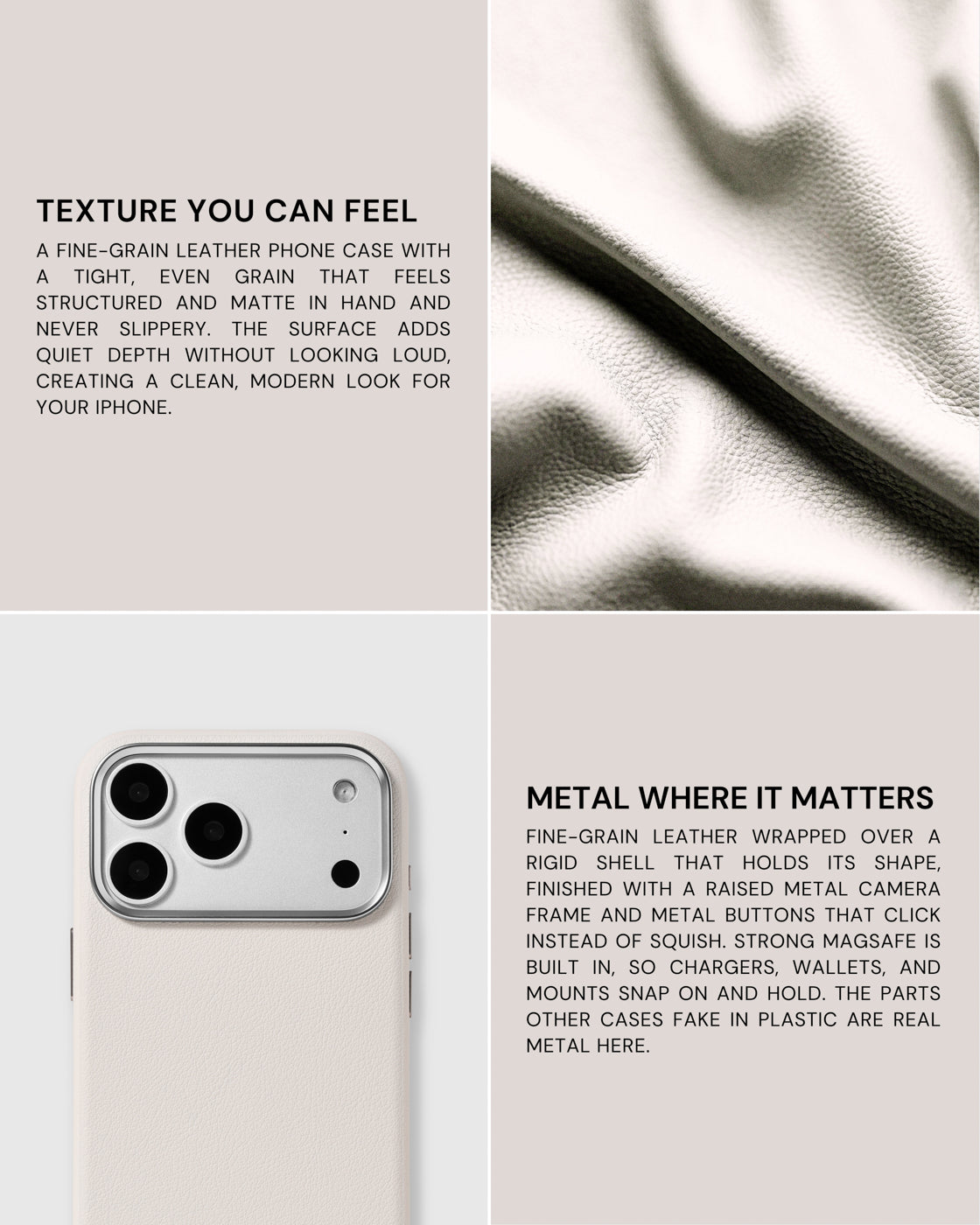 Close-up of the fine-grain leather and real metal hardware on the white STICKYZOO iPhone case