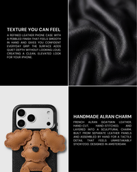 Split lifestyle image showing STICKYZOO Poodle Puppy Charm Case on dark leather surface highlighting pebbled texture, and close-up of the handmade French Alran leather poodle charm with hand-cut layered detail. Designed in Amsterdam. 5,000+ Reviews.