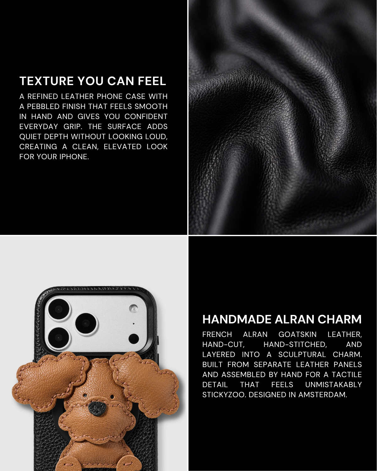 Split lifestyle image showing STICKYZOO Poodle Puppy Charm Case on dark leather surface highlighting pebbled texture, and close-up of the handmade French Alran leather poodle charm with hand-cut layered detail. Designed in Amsterdam. 5,000+ Reviews.