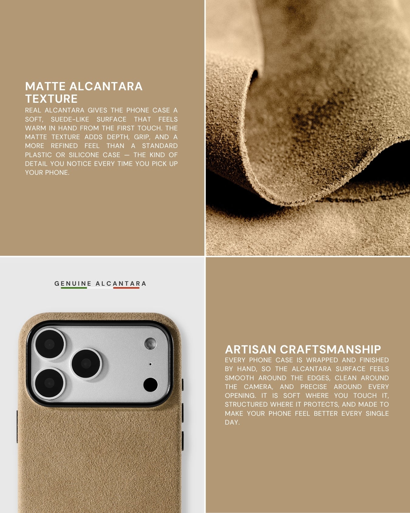 Four-panel editorial showing Italian Alcantara fabric texture close-up and handmade suede finish detail on STICKYZOO phone case