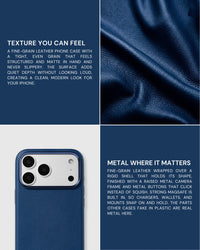 Close-up of the fine-grain leather and real metal hardware on the navy STICKYZOO iPhone case
