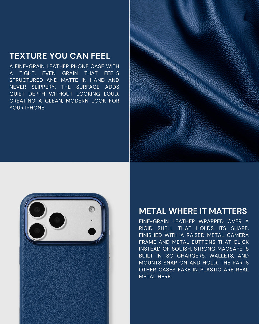 Close-up of the fine-grain leather and real metal hardware on the navy STICKYZOO iPhone case