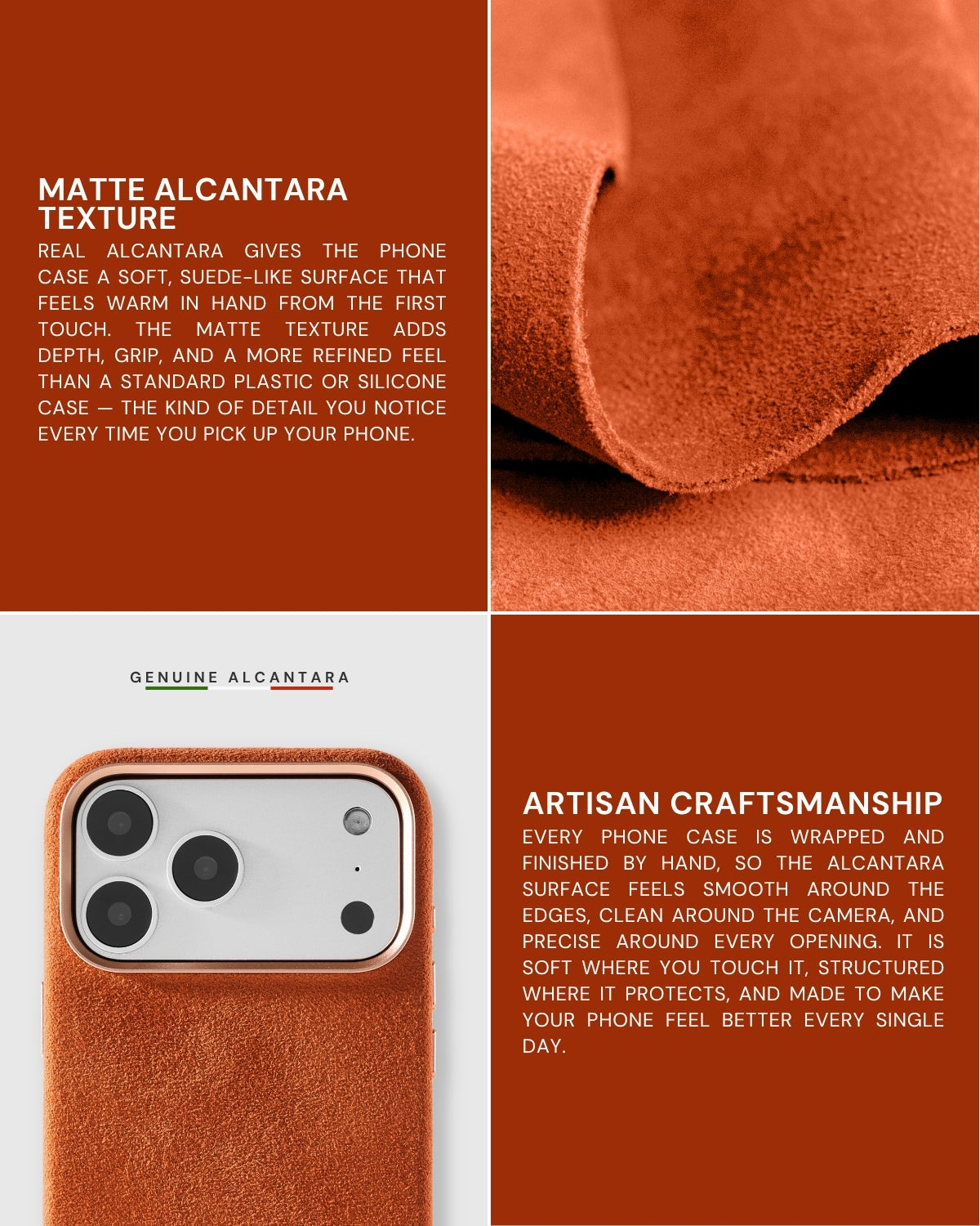 Matte Alcantara texture close-up and artisan craftsmanship detail on STICKYZOO Ember phone case