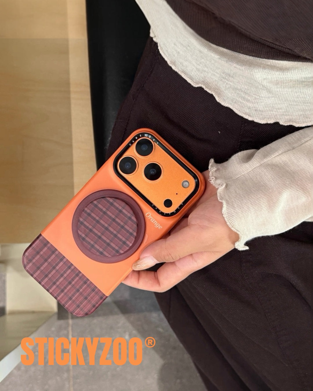 Sticky Zoo® – Orange iPhone Case with MagSafe – Retro Plaid Grip