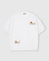STICKYZOO Spotty Dash Dachshund T-Shirt in white with hand-stitched spotted dachshund appliques