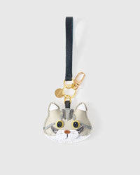 Silver Tabby American Shorthair on an 18K gold-plated keychain clip with engraved STICKYZOO disc — clips to keys, bags or backpacks.