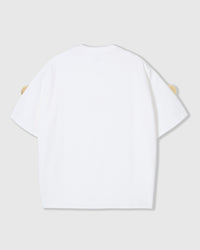 Back view of STICKYZOO white Choco Chip Cookie T-Shirt showing boxy silhouette and cookies peeking at sleeves