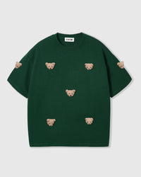 STICKYZOO Bear T-Shirt in green with seven hand-stitched 3D plush teddy bear face appliques