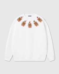 STICKYZOO Gingerbread Joy Sweatshirt in white colorway with hand-stitched plush gingerbread men across chest