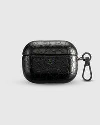 STICKYZOO Croc AirPods Pro Case in black crocodile-embossed vegan leather with metal carabiner