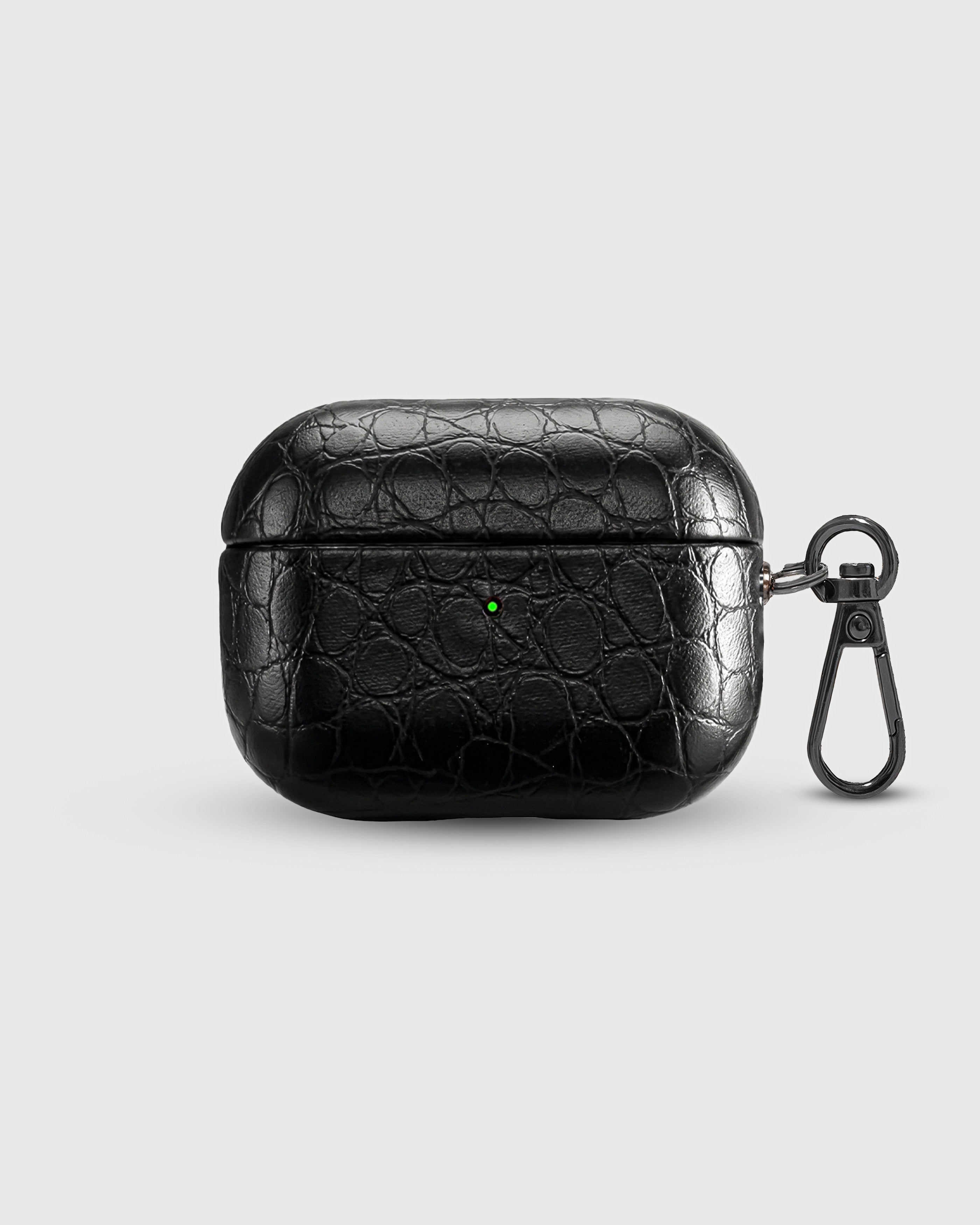 {{Black Croc.}} STICKYZOO Croc AirPods Pro Case in black crocodile-embossed vegan leather with metal carabiner