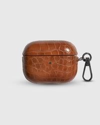 STICKYZOO Croc AirPods Pro Case in cognac crocodile-embossed vegan leather with metal carabiner