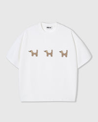 STICKYZOO DACHSHUND TRIO T-SHIRT in White featuring 3 hand-stitched plush dachshunds, designed in Amsterdam