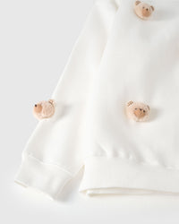 Close-up of plush bear faces at sleeve cuff and hem on cream cotton