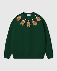 STICKYZOO Gingerbread Joy Sweatshirt in forest green colorway with five plush gingerbread men