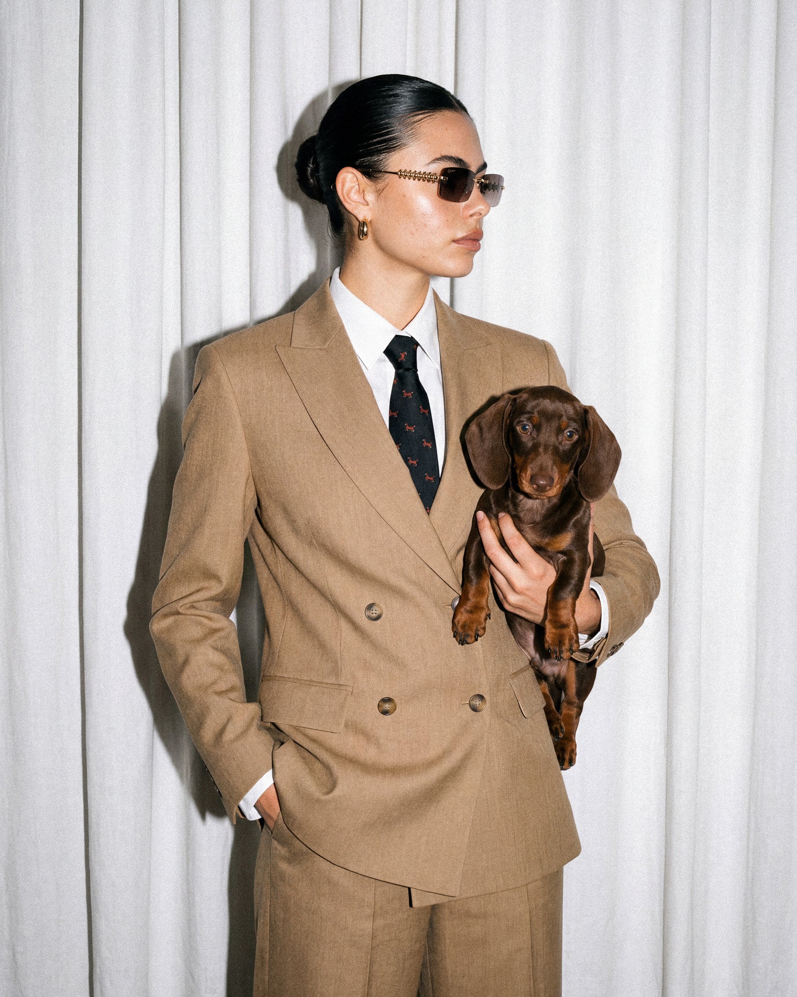 STICKYZOO Dachshund Tie Model wearing Dachshund Tie with tan double-breasted blazer and white shirt, holding a dachshund