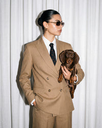 STICKYZOO Dachshund Tie Model wearing Dachshund Tie with tan double-breasted blazer and white shirt, holding a dachshund