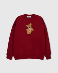 STICKYZOO Teddy Bear Sweatshirt in red with hand-stitched plush teddy bear applique and pearl necklace