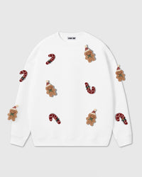STICKYZOO Gingerbread Party Crashers Sweatshirt in white colorway with hand-stitched 3D plush gingerbread men and candy canes