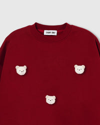 Close-up of white plush teddy bear face with check ears on deep burgundy-red cotton