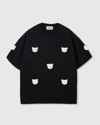 STICKYZOO Teddy Check-Ear Charm T-Shirt in black with seven hand-stitched plush bear faces with checkered ears