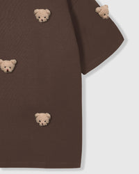 Detail of body and sleeve on STICKYZOO brown Bear T-Shirt showing plush bears at different angles