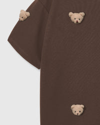 Detail of sleeve and body on STICKYZOO brown Bear T-Shirt showing plush bear faces at different angles