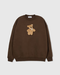 STICKYZOO Teddy Bear Sweatshirt in brown with hand-stitched plush teddy bear applique and pearl necklace