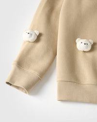 Close-up of plush bear faces at sleeve cuff showing ribbed trim on beige cotton