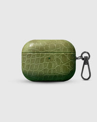 STICKYZOO Croc AirPods Pro Case in olive crocodile-embossed vegan leather with metal carabiner