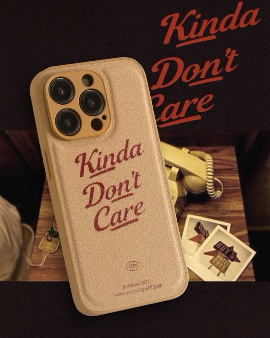 Kinda Don't Care iPhone Case – Vegan Leather Beige with Red