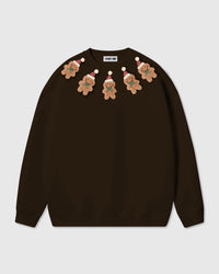 STICKYZOO Gingerbread Joy Sweatshirt in dark brown colorway with five hand-stitched plush gingerbread men