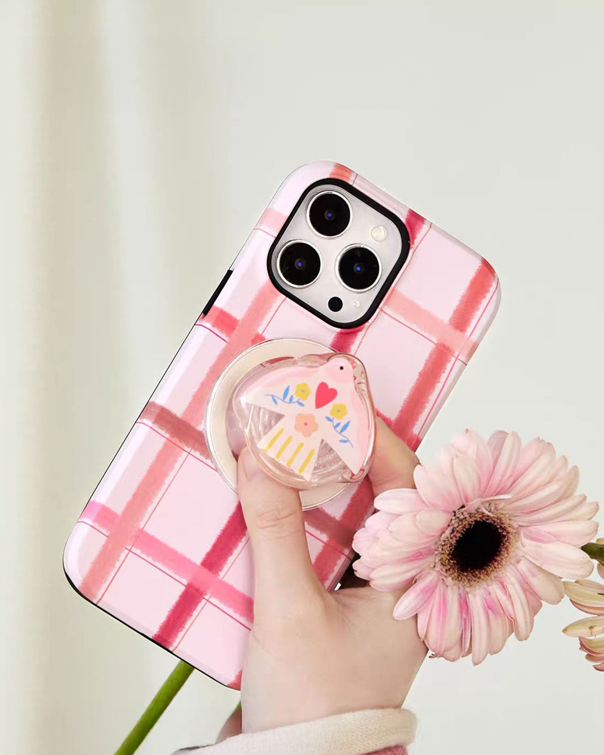 Pink Plaid Bird Phone Case