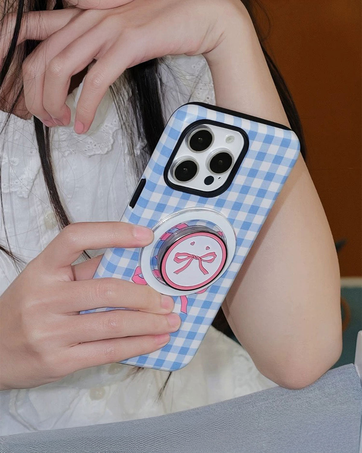BLUE BOW GINGHAM PHONE CASE